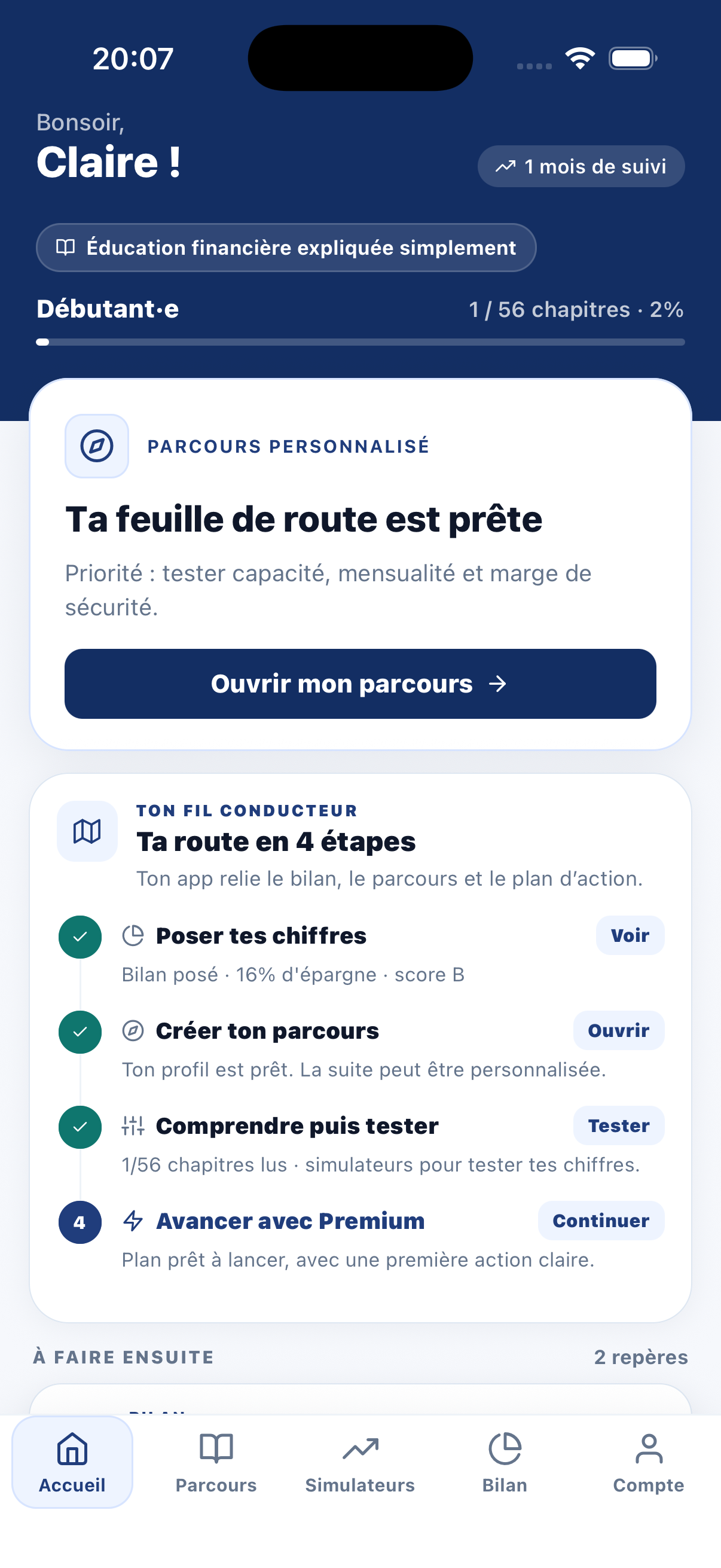 Capture réelle de l'accueil personnalisé de l'application Mon Petit Capital